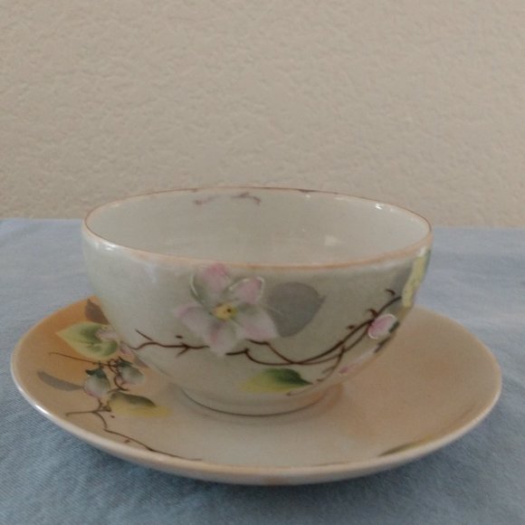 MID CENTURY MODERN JAPAN GREEN STAMP FLORAL TEA CUP SET JAPANESE BLOSSOMS - Picture 6 of 16